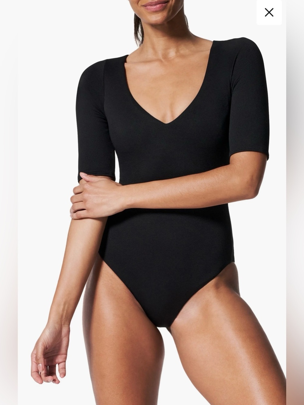 SPANX 3X Piqué Shaping Short Sleeve One Piece Rashguard Swimsuit V Neck Black